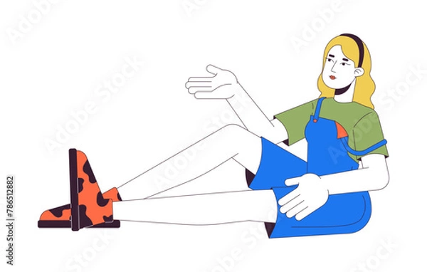 Fototapeta Blonde woman gesturing while sitting 2D linear cartoon character. Relaxed female communicating isolated line vector person white background. Chilling out time color flat spot illustration
