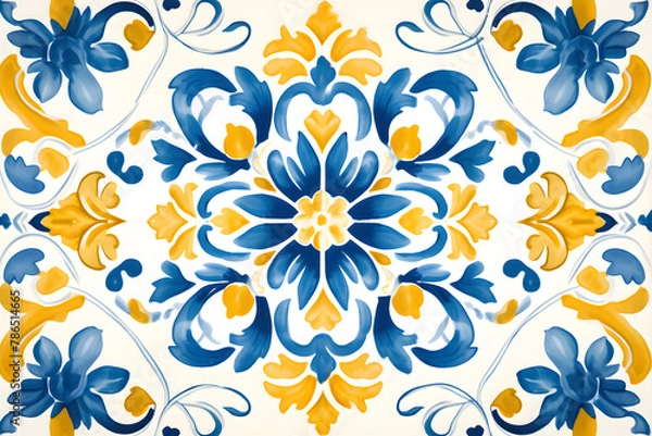 Fototapeta Pattern of Portuguese azulejos tiles. Rustic blue and yellow tile watercolor seamless pattern