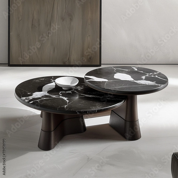 Obraz A black and white marble coffee table with an modern contemporary aesthetic , designed The top surface is a smooth, sleek with an organic silhouette . It has two legs made of dark wood