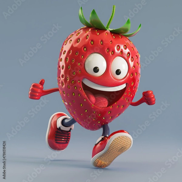Fototapeta Cute Running Cartoon Strawberry Character 3D (Generative Ai)