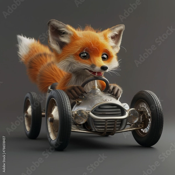 Fototapeta Fox cub driving a racing car 3D (Generative Ai)