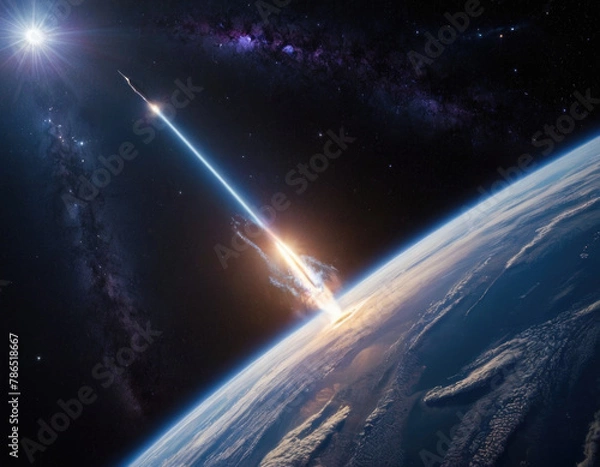 Obraz Rocket launch from the Earth planet through the clouds with a bright glow of the engine on the orbit and a bright blue nebula galaxy. 