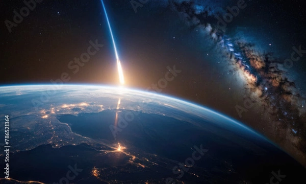 Obraz Rocket launch from the Earth planet through the clouds with a bright glow of the engine on the orbit and a bright blue nebula galaxy. 