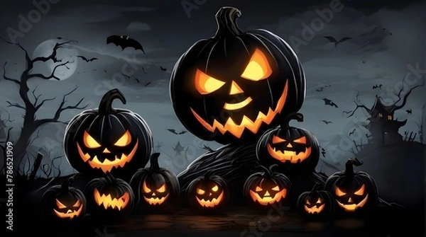 Fototapeta Halloween banner illustration with scary pumpkins background concept 