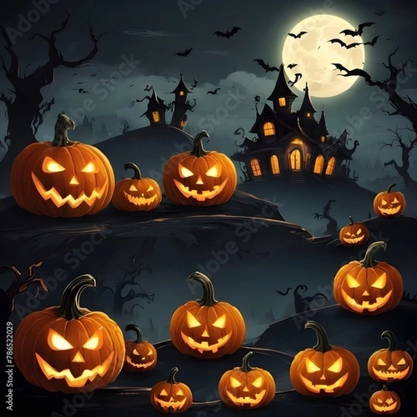 Fototapeta Halloween banner illustration with scary pumpkins background concept 