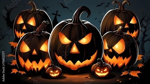 Fototapeta Halloween banner illustration with scary pumpkins background concept 