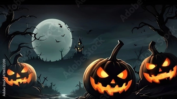 Fototapeta Halloween banner illustration with scary pumpkins background concept 