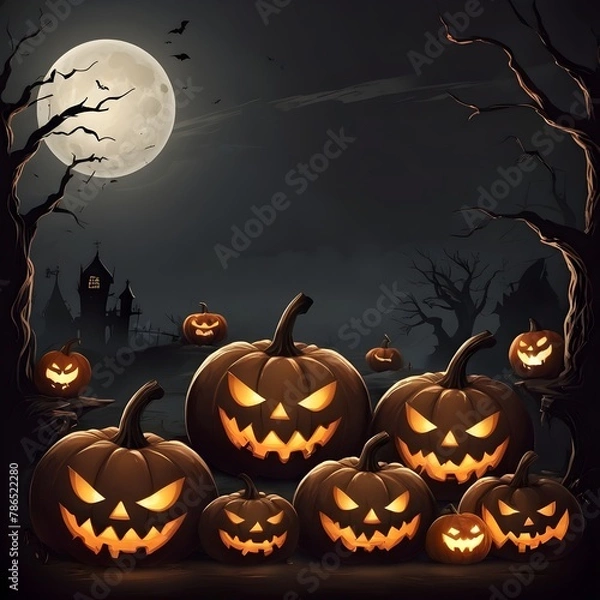 Fototapeta Halloween banner illustration with scary pumpkins background concept 