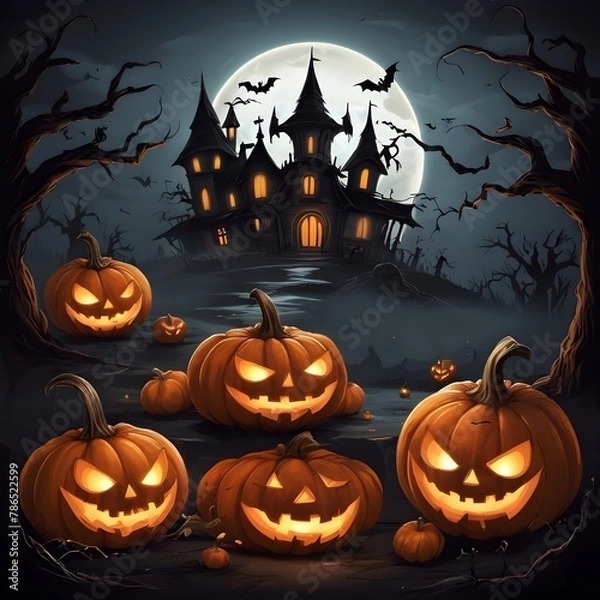 Fototapeta Halloween banner illustration with scary pumpkins background concept 