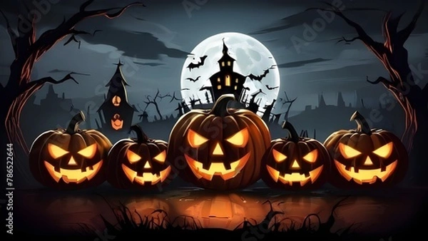 Fototapeta Halloween banner illustration with scary pumpkins background concept 