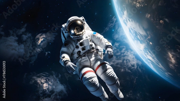 Fototapeta Explorer archetype. Earthbound Gaze: Astronaut Floats Mesmerized by Our Blue Planet. Gazing Upon Earth from a Cosmic Perspective. generative AI