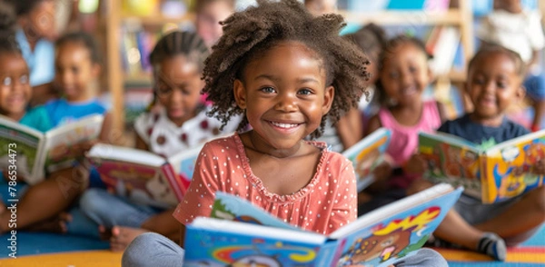 Fototapeta A group of children are sitting on the floor reading books. One girl is smiling and holding a book