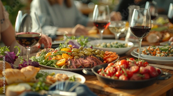 Fototapeta A table full of food and wine with a group of people gathered around it. Scene is festive and social, as the people are enjoying a meal together