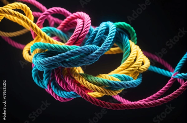 Fototapeta woven knots from tangled colored ropes on a dark background