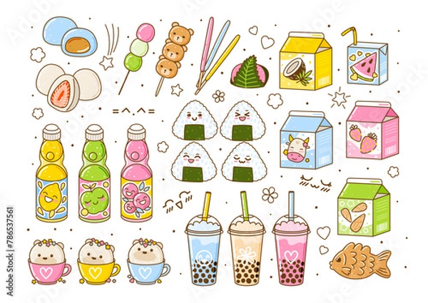 Obraz Set of cute asian food elements - cartoon illustration of traditional japanese sweets and drinks isolated on white background for Your kawaii design