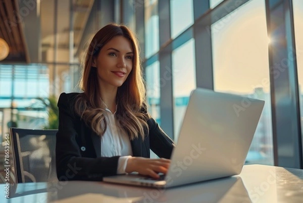 Obraz A young, cheerful, and successful businesswoman is diligently working with her laptop in a corporate office, radiating positivity and determination in her professional environment