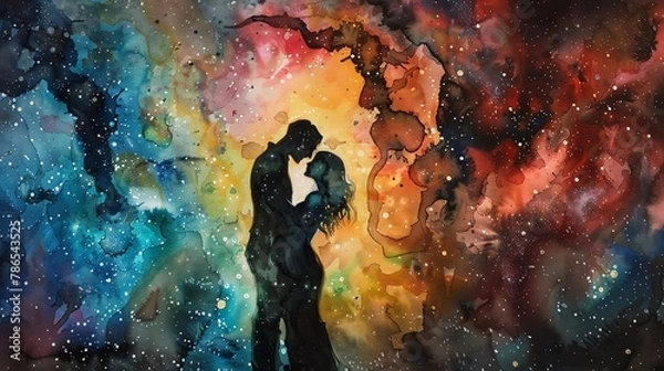 Fototapeta Capture the intimacy of an Alien couple embracing under the swirling colors of a distant nebula in a vibrant watercolor painting