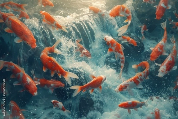 Fototapeta An otherworldly scene: a waterfall defying gravity, fish leaping down, surreal beauty in a serene landscape