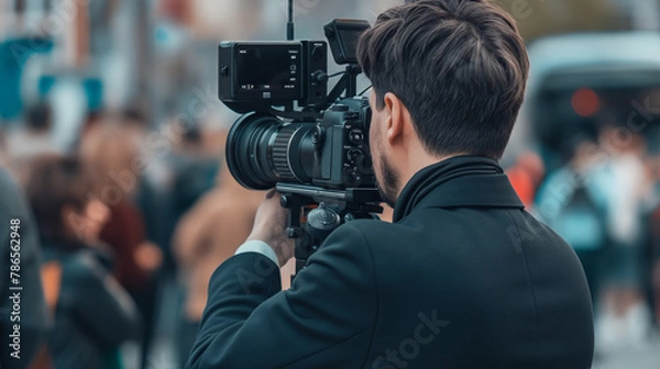 Fototapeta Journalist Capturing the Scene, A focused journalist behind a professional camera on a bustling set, ready to shoot