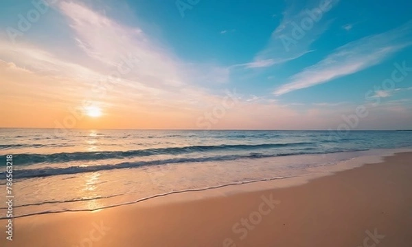Fototapeta Panoramic golden sunrise over beach with beautiful sky, tranquil relaxing atmosphere, summer mood, calmness holiday vacation theme.