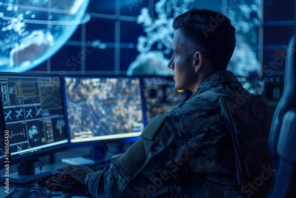Fototapeta powerful portrayal of a military surveillance officer monitoring satellite imagery for strategic insights, highlighting the strategic importance of surveillance in military operati