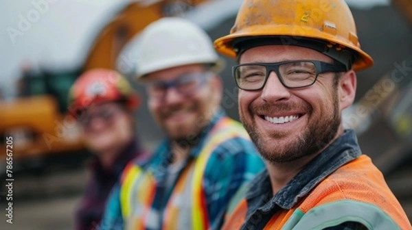 Fototapeta Construction Workers Team in Safety Helmets, Workforce Teamwork in Industrial Environment, Skilled Labor and Machinery