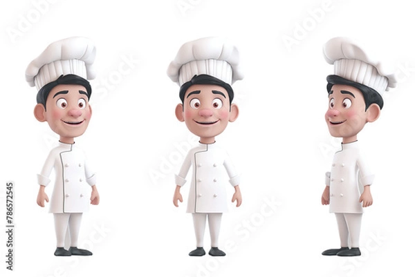 Fototapeta Set of 3D female smiling cartoon male chef wearing a white uniform. Different and various poses. Cartoon character, 3D avatar. Isolated and transparent image. png file. 