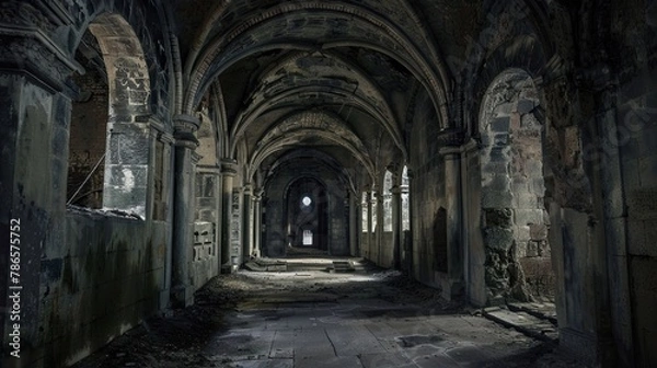 Fototapeta Dark and labyrinthine catacombs beneath an abandoned monastery. Gloomy place, ghosts, paranormal, gothic, middle ages, ruins, dust, dampness, underground structure, mysticism, fear. Generative by AI