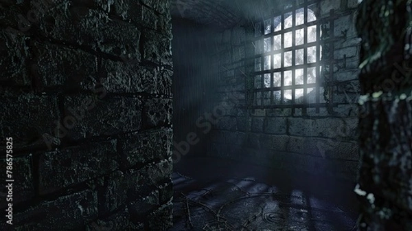 Fototapeta Damp and musty dungeon chamber with a barred window offering. Prison cell, ghosts, paranormal, gothic, middle ages, ruins, dust, dampness, underground structure, mysticism, fear. Generative by AI