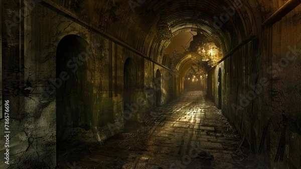 Fototapeta Underground labyrinth of twisting tunnels and secret chamber. Gloomy place, ghosts, dust, secret tunnel, paranormal, gothic, middle ages, ruins, dampness, mysticism, fear. Generative by AI