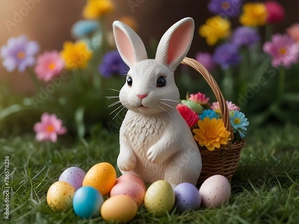 Obraz Easter Bunny with Colorful Eggs and Flower Basket in Spring Garden