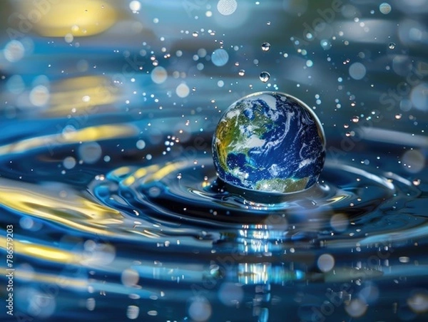 Fototapeta Earth encapsulated in a water droplet amidst a serene aquatic environment.