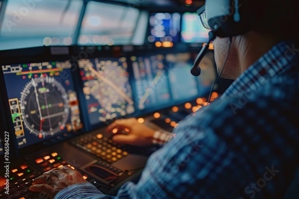 Fototapeta Male controller working at air traffic control in airport tower