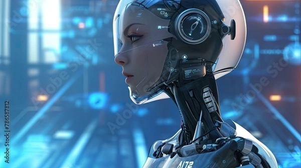 Fototapeta Smart AI chatbots providing customer support, assistance. Modern technologies, world of the future, robots, cyborgs. Harmony between human concept. Satisfying consumer needs concept. Generative by AI