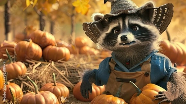 Fototapeta Raccoon in farmer costume, wild west theme, western aesthetics, short fur, farmer wicker hat. Mascot, surrealism, realistic style, work suit. Wild creature in human clothing concept. Generative by AI