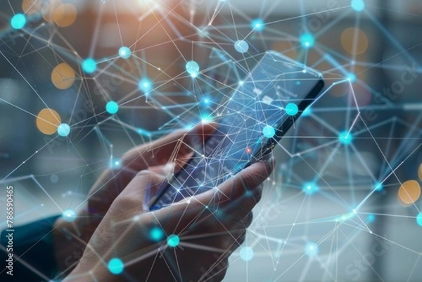 Fototapeta Smartphone with network dots technology created with generative ai