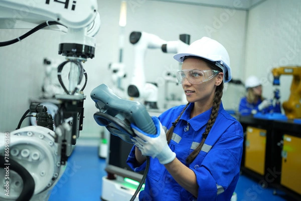 Fototapeta Engineer check and control welding robotics automatic arms machine in intelligent factory automotive industrial with monitoring system software. Digital manufacturing operation.