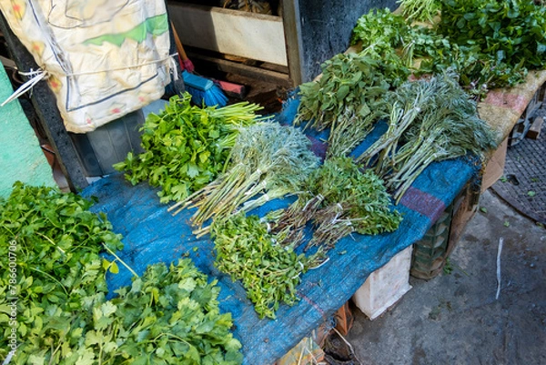 Obraz Aromatic herbs, mint, coriander, parsley, salvia on the  stall in the Medina souk, Fez Morocco
