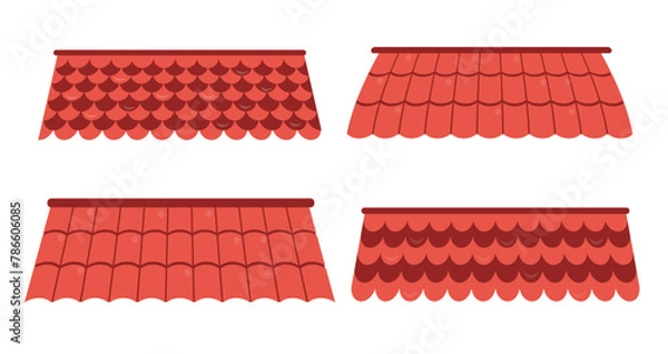 Fototapeta Set of red roofs for houses.Vector illustration of a roof made of different types of materials:slate, tiles isolated on a white background.Protection of the building from the sun, wind, precipitation.