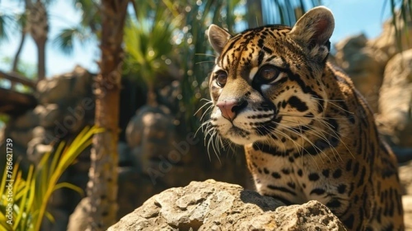 Fototapeta   A tight shot of a feline perched on a rock, adjacent to a tree, surrounded by additional rocks, against a backdrop of a tranquil blue sky