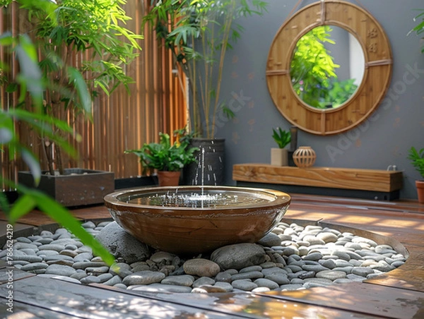 Obraz A serene scene of a beautifully arranged living space with feng shui elements like bamboo plants a water fountain