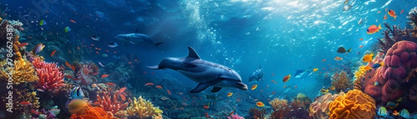 Obraz A vibrant shot of an underwater dance party with a dolphin DJ spinning a waterproof set