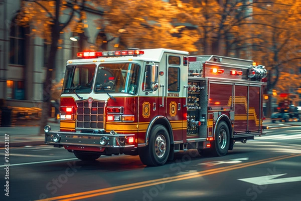 Fototapeta Fire trucks will turn on their lights and sound signals to request clearing of the way.