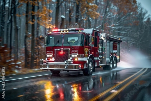 Fototapeta Fire trucks will turn on their lights and sound signals to request clearing of the way.