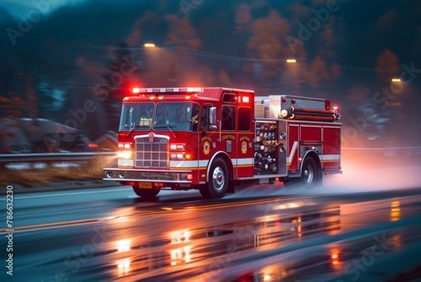 Fototapeta Fire trucks will turn on their lights and sound signals to request clearing of the way.
