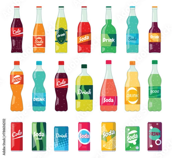 Fototapeta Set of bottles with carbonated soft drinks. Refreshing sweet water. Beautiful colored drinks in a supermarket. Vector illustration