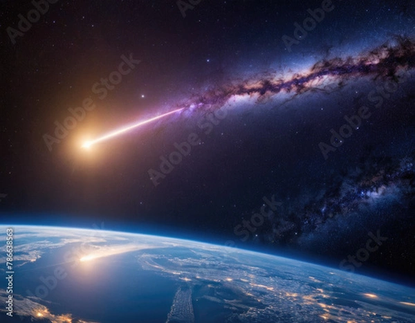 Fototapeta Rocket spaceship shuttle launch with bright space nebula sky with bright rocket trail of fire and smoke