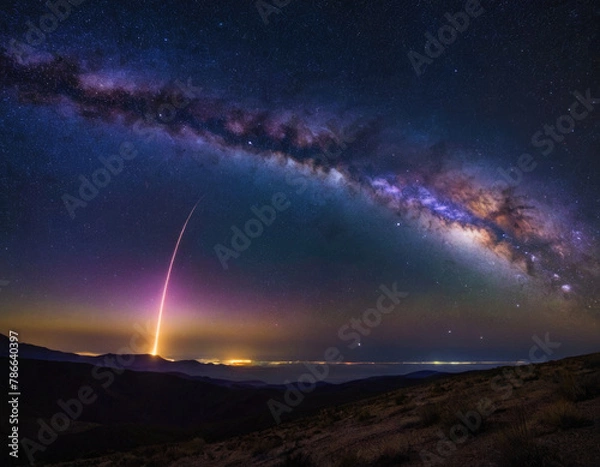 Obraz Rocket spaceship shuttle launch with bright space nebula sky with bright rocket trail of fire and smoke