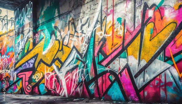 Fototapeta Abstract wall scribbles background. Street art graffiti texture with tags, drawings, inscriptions and spray paint stains