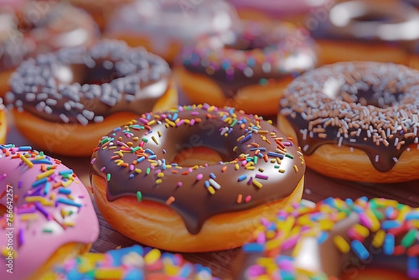 Fototapeta Close up of different donuts with chocolate frosted, pink glazed and sprinkles
